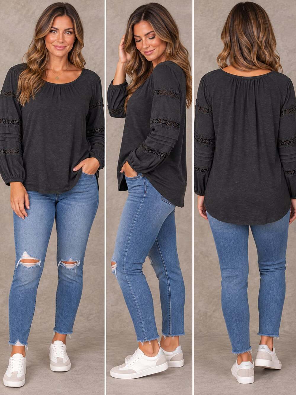 Linda Leal Long Sleeve Lace Trim Blouse Size M Black